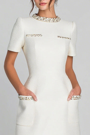 Beaded Ivory Sheath Round Neck Work Dress